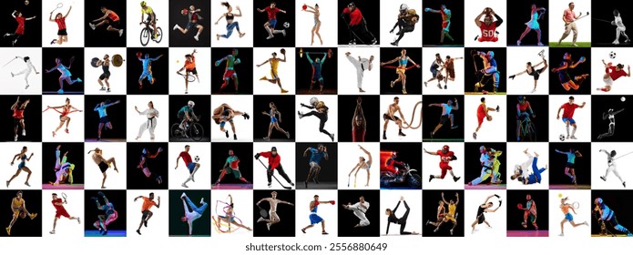 Dynamic mix of athletic moments, capturing both individual and team sports against black and white contrasting background. Concept of different kind of sport, creativity, balance. Ad - Powered by Shutterstock