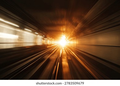 A dynamic motion blur effect captures the sensation of rapid movement through a dark tunnel towards a brilliant light source.