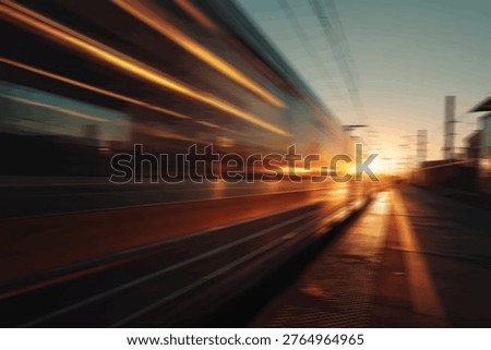 A dynamic, motion-blurred image of a train speeding through a station at sunset, with streaks of light and warm golden hour hues.