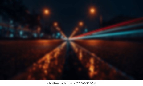 Dynamic nighttime cityscape featuring blurred light trails and vibrant colors, creating an abstract and energetic visual experience. The image captures the essence of urban movement and energy.