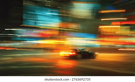 Dynamic nighttime cityscape featuring motion blur, capturing the movement of vehicles and the vibrant lights of the city. The image showcases the energy and atmosphere of urban life.
