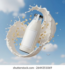 Dynamic Oat Milk Bottle Mockup with Splash and Grains