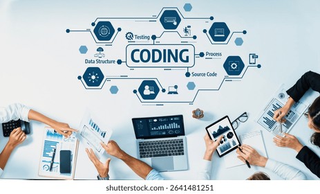 Dynamic office scene depicting a collaborative coding process with emphasis on data structure, testing, and source code, highlighting modern technology and teamwork. Amity