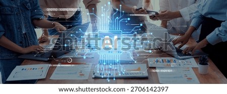 A dynamic office scene showcasing a team engaged in collaboration, utilizing artificial intelligence technology to enhance data analysis and drive business growth. Trope