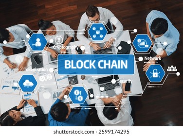 A dynamic office setting showcasing professionals collaborating on blockchain technology. The scene emphasizes teamwork, digital tools, and innovative strategies for data analysis. Amity