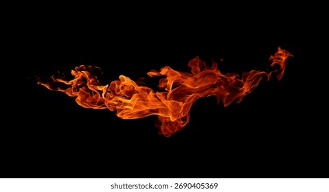Dynamic orange fire flame isolated on a black background, creating a powerful and dramatic energy effect. Perfect for design, visual effects, motion graphics, and backgrounds symbolizing heat