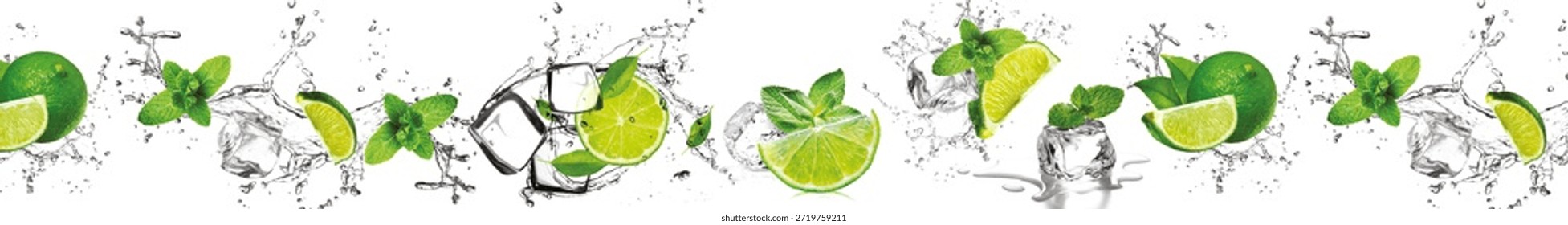 Dynamic panoramic border featuring splashing water, fresh green limes, mint leaves, and ice cubes. Energetic summer citrus composition isolated on white.