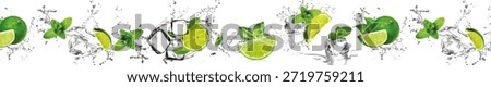 Dynamic panoramic border featuring splashing water, fresh green limes, mint leaves, and ice cubes. Energetic summer citrus composition isolated on white.