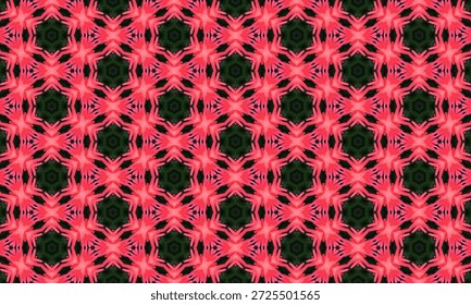 A dynamic pattern showcasing jagged pink star-like clusters arranged geometrically on a dark green background, creating an abstract floral effect.