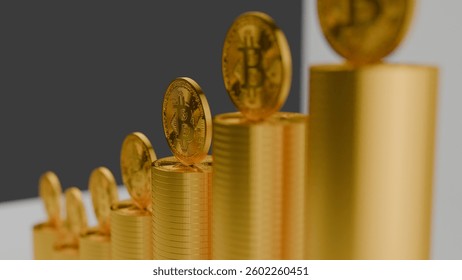 A dynamic perspective of Bitcoin stacks arranged in a rising formation, representing the increasing value of digital assets, cryptocurrency growth, and blockchain evolution. Ideal for crypto-related c
