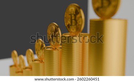 A dynamic perspective of Bitcoin stacks arranged in a rising formation, representing the increasing value of digital assets, cryptocurrency growth, and blockchain evolution. Ideal for crypto-related c