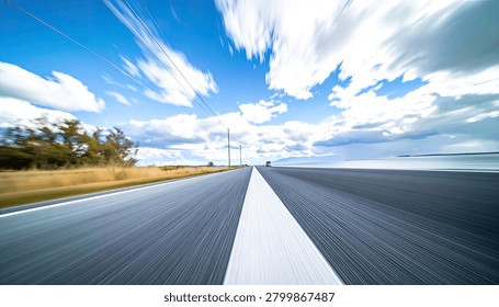 A dynamic perspective of an open road stretching towards the horizon, with clouds streaking across a vibrant blue sky, conveying a sense of speed and travel.