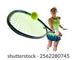 Dynamic photo with focus on tennis racket. Focused on game tennis player hitting ball in motion against white studio background. Concept of sport, championship, active lifestyle, tournament. Ad