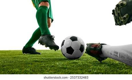 dynamic photo of one player chasing after soccer ball while another player lies on field against white studio background. Concept of sport event, championship, motion, match. Ad