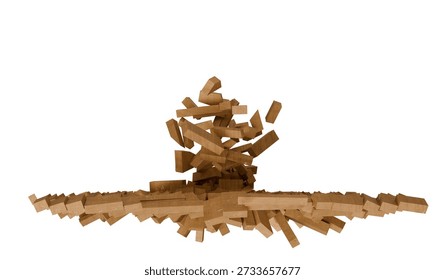 A dynamic pile of brown rectangular blocks, appearing to explode or collapse outwards, scattering in various orientation