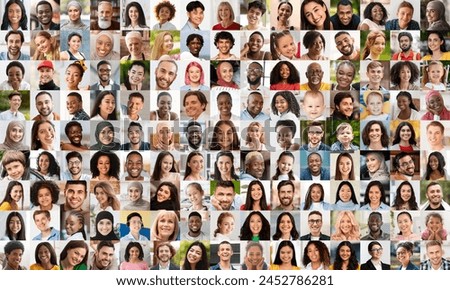 A dynamic portrait collage celebrating diversity through a compilation of men and women faces from different demographics, reflecting societal diversity and connectivity