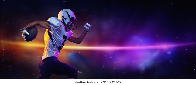 Dynamic portrait of male american football player in sports equipment at stadium in motion on dark background with mixed neon light. Collage, poster. Flyer for ad, design. 3D render.
