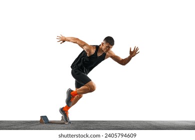 Dynamic portrait of sportsman, runner, jogger quickly breaks away from start to be first to reach finish line against white background. Concept of sport, active lifestyle, action. Ad. - Powered by Shutterstock