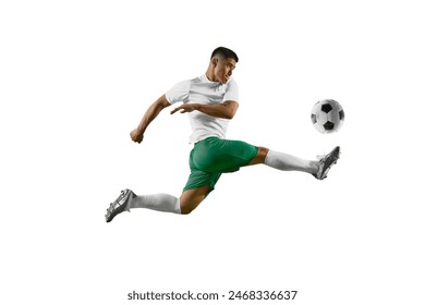 Dynamic portrait of young man, professional soccer player make perfect pass in mid-air against white studio background. Concept of professionals sport, competition, tournament, energy, action. Ad - Powered by Shutterstock