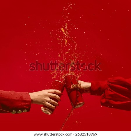 Dynamic red beer cans splash in motion against monochrome red background. Concept of youth lifestyle branding, beverage advertising, and monochrome marketing campaigns. Mockup for text, ad