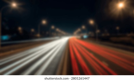 Dynamic red and white light trails from vehicles moving along a highway at night under streetlights