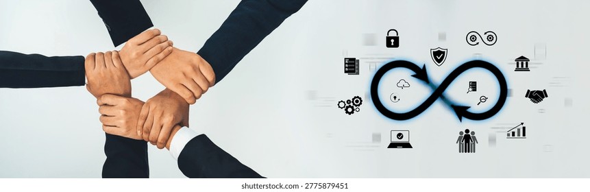 A dynamic representation of diversity and collaboration, showcasing interlinked hands and an infinity symbol, emphasizing teamwork, partnership, and continuous improvement. Trope