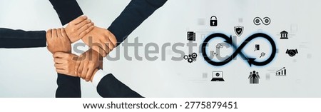A dynamic representation of diversity and collaboration, showcasing interlinked hands and an infinity symbol, emphasizing teamwork, partnership, and continuous improvement. Trope