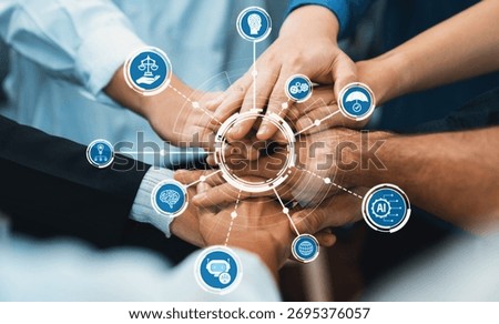 A dynamic representation of teamwork and ethics, showcasing hands together while surrounded by technology and innovation icons, symbolizing collaboration. Amity