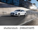 Dynamic running car on road, city background