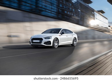 Dynamic running car on road, city background