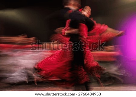 A dynamic scene captures a couple performing flamenco, their movements blurred with speed. The flowing red dress and dramatic lighting evoke intensity, rhythm, and cultural expression