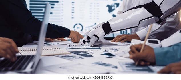 A dynamic scene capturing the collaboration between humans and a robot in a modern office, showcasing technology's role in data analysis and teamwork synergy.Noogenesis