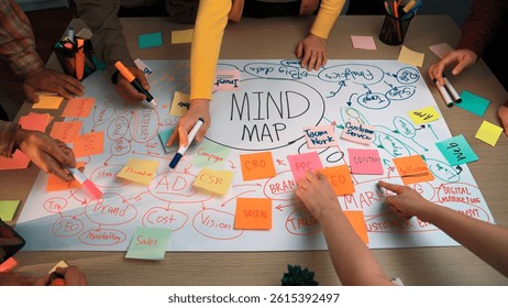 A dynamic scene of a collaborative mind mapping session, showcasing diverse hands engaging with colorful sticky notes and markers in a modern office, exemplifying teamwork and creativity. SACTR