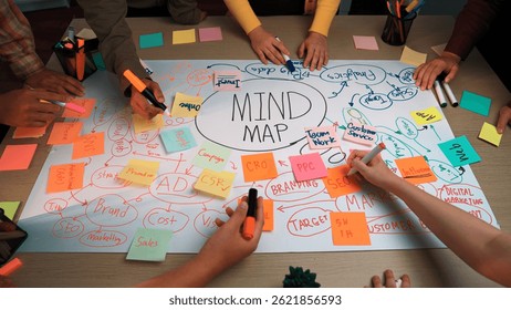 A dynamic scene of a collaborative mind mapping session, showcasing diverse hands engaged in brainstorming with sticky notes and colorful markers, fostering creativity. SACTR