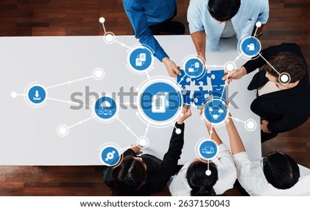 A dynamic scene of diverse professionals assembling puzzle pieces on a table, symbolizing collaboration and innovation in management strategies within a vibrant office environment. Amity