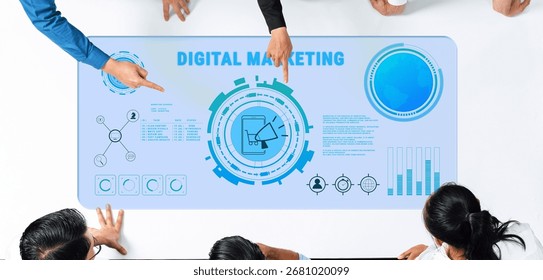 A dynamic scene featuring hands pointing at digital marketing analytics displayed on a sleek table, showcasing graphs and infographics in a collaborative office environment. Trope