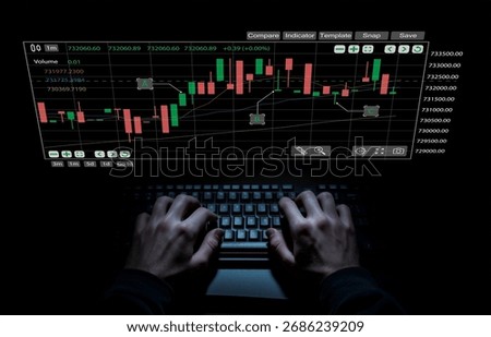 Dynamic scene with hands typing on a keyboard in front of a dark screen displaying a stock market trading interface with candlestick charts and indicators.