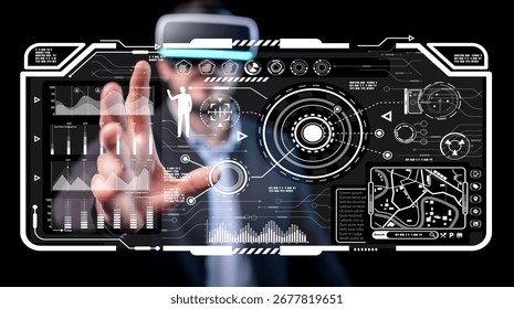 A dynamic scene showcasing a user interacting with a futuristic technology interface in a virtual reality setting, highlighting advanced data visualization and innovative user experiences.