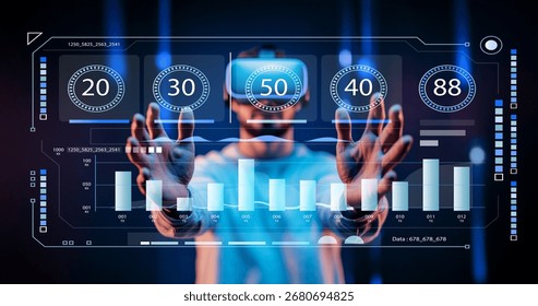 A dynamic scene showcasing a user in virtual reality, engaging with advanced data visualization elements, symbolizing the fusion of technology and analytics in modern business.