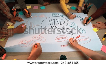 A dynamic scene showing a collaborative brainstorming session where multiple hands engage in creating a colorful mind map that explores marketing strategies. SACTR