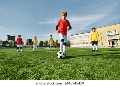 A dynamic scene unfolds as a group of young boys energetically kick around a soccer ball, showcasing their skills and teamwork on the field. - Powered by Shutterstock