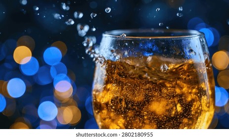 A dynamic shot capturing a glass filled with a golden beverage, showing effervescence and splashes against a blurred background of festive lights.