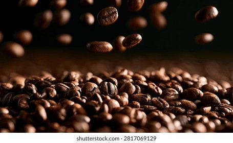 A dynamic shot capturing the rich texture and aroma of freshly roasted coffee beans in motion.