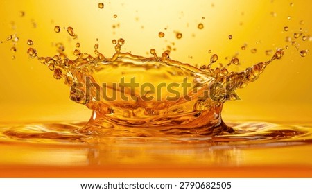A dynamic splash of golden liquid creates a beautiful crown shape, captured in a macro shot with a warm, yellow background.