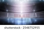 Dynamic sports background. 3D boxer arena with viewers. Empty boxing ring under lights. Full tribune. Wide angle. Accent in the center of the background