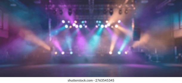 Dynamic stage lighting creates an electrifying atmosphere in an empty concert hall, with colorful beams of light cutting through the haze, ready for a performance.