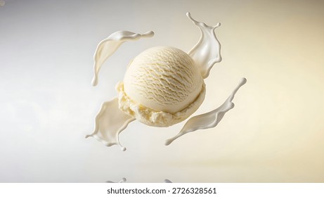 Dynamic studio image of floating vanilla ice cream with creamy motion effect for modern dessert marketing