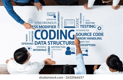 A dynamic team collaborates around a table, pointing to various coding concepts and keywords. This image illustrates teamwork in coding, programming, and problem-solving in a modern environment. Amity