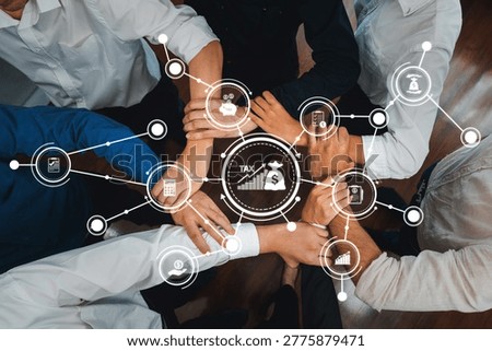 A dynamic teamwork scene showcasing diverse hands engaging in financial strategy and tax planning. Visual elements highlight growth and collaboration in finance. Amity