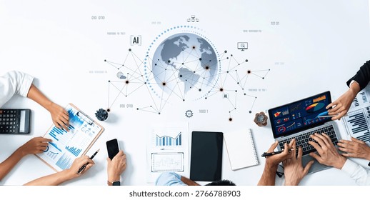 A dynamic top view of a collaborative business meeting emphasizing digital transformation, showcasing hands on devices, charts, and a global AI concept. Trope